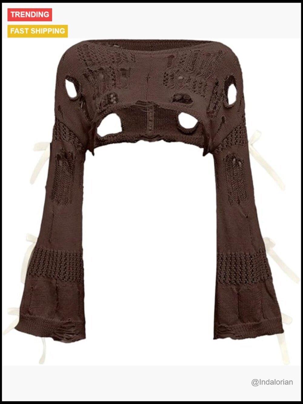 Crochet Bolero Shrug Hollow Out Ripped Bow Crop Top Bell Sleeve Sweater